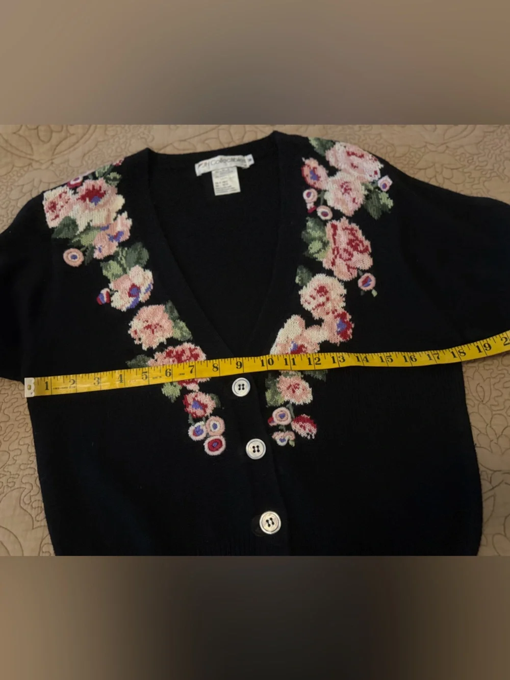 Vintage JH Collectibles Floral Embroidered Black Cardigan Sweater Cottagecore S